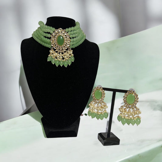 Emerald Grace Beaded Choker Set - Green Bridal Jewelry with Drop Earrings