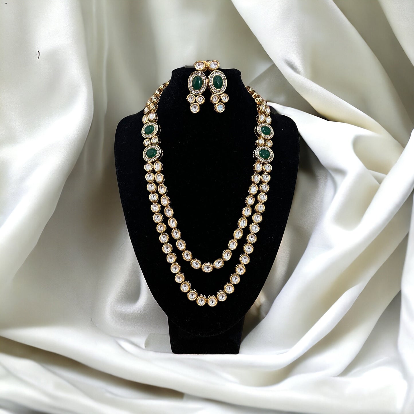 Elegant Long Pearl Gold & Green Kundan Necklace Set with Tikka