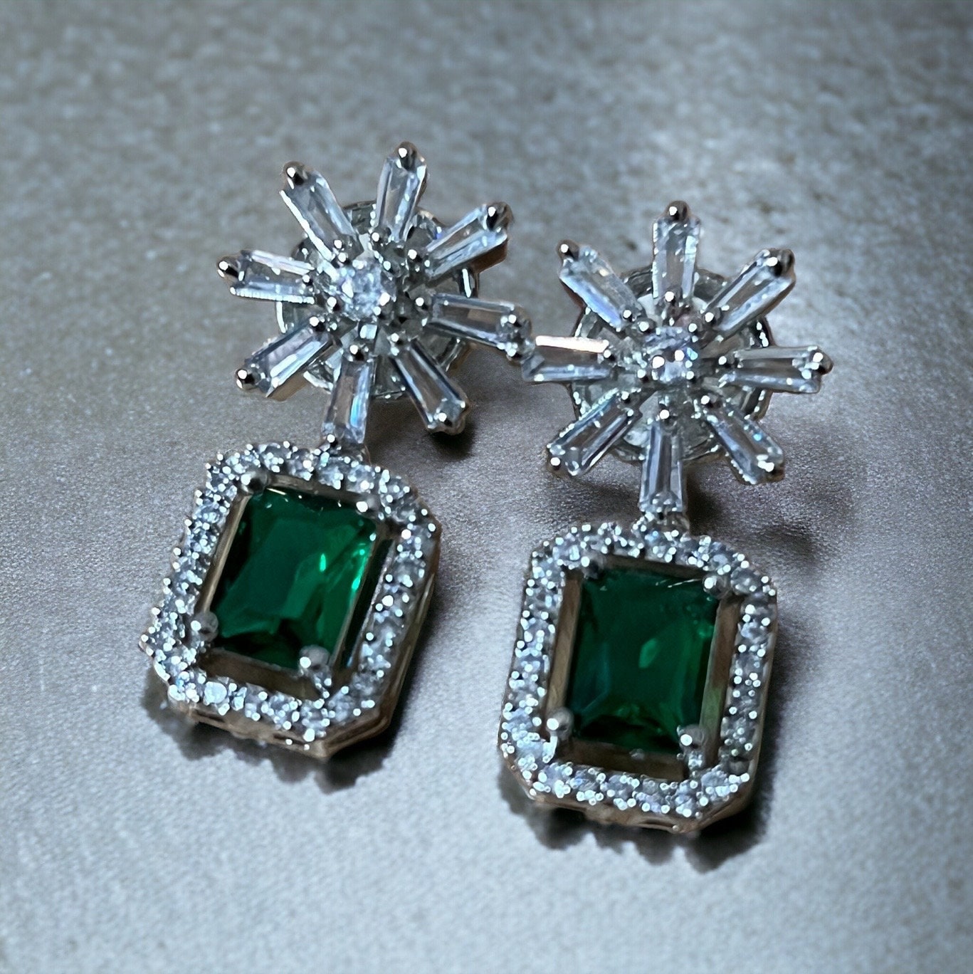 Green Crystal Star Studded Drop Earrings