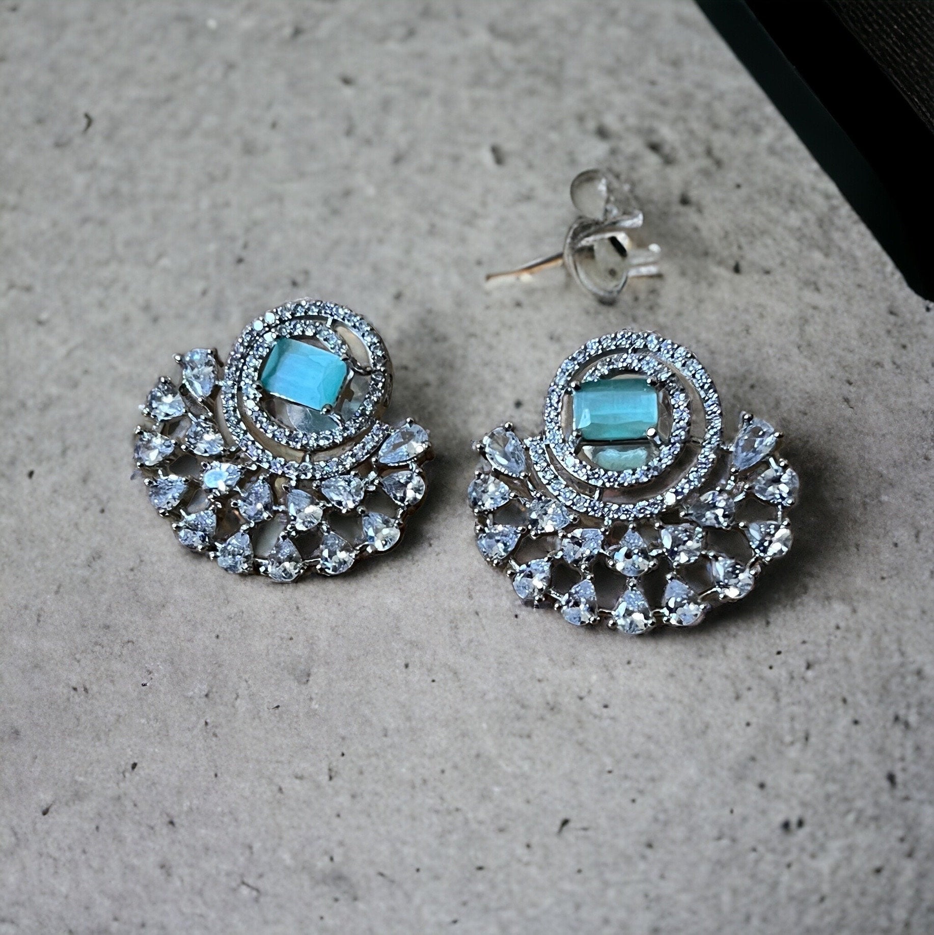 Mint Green, Sea Green, Turquoise Half Moon Drop Earrings - Indian, Asian, Bollywood Jewelry
