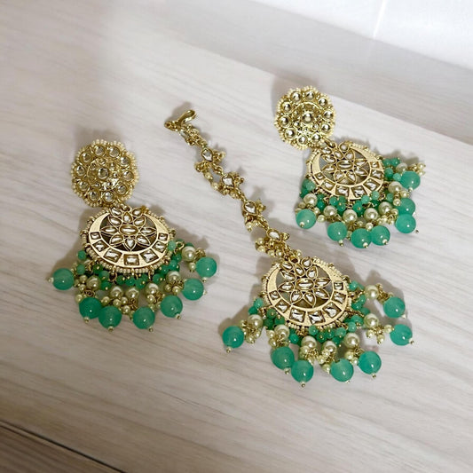 Sea Green Beaded Desi Drop Earrings with Tikka - Perfect for Any Occasion