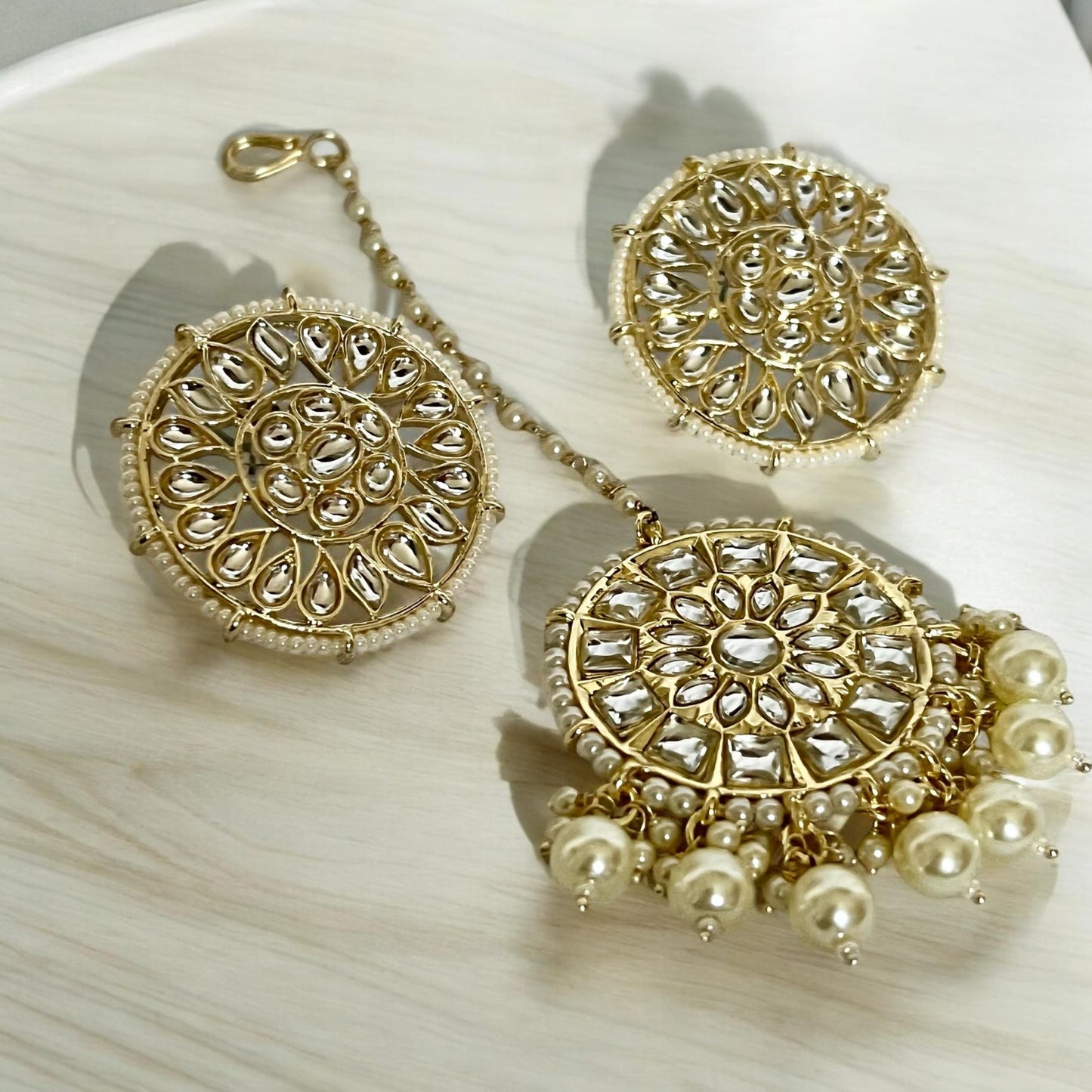 Cream & White Pearls and Beads Earrings with Tikka - Traditional Indian Jewelry for Women