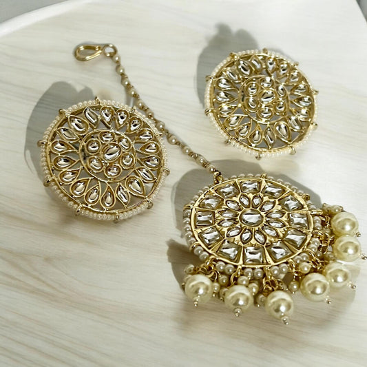 Cream & White Pearls and Beads Earrings with Tikka - Traditional Indian Jewelry for Women