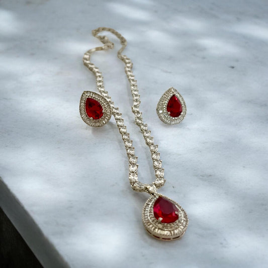 Ruby Red Gemstone and Crystal Long Necklace Set, Indian jewelry