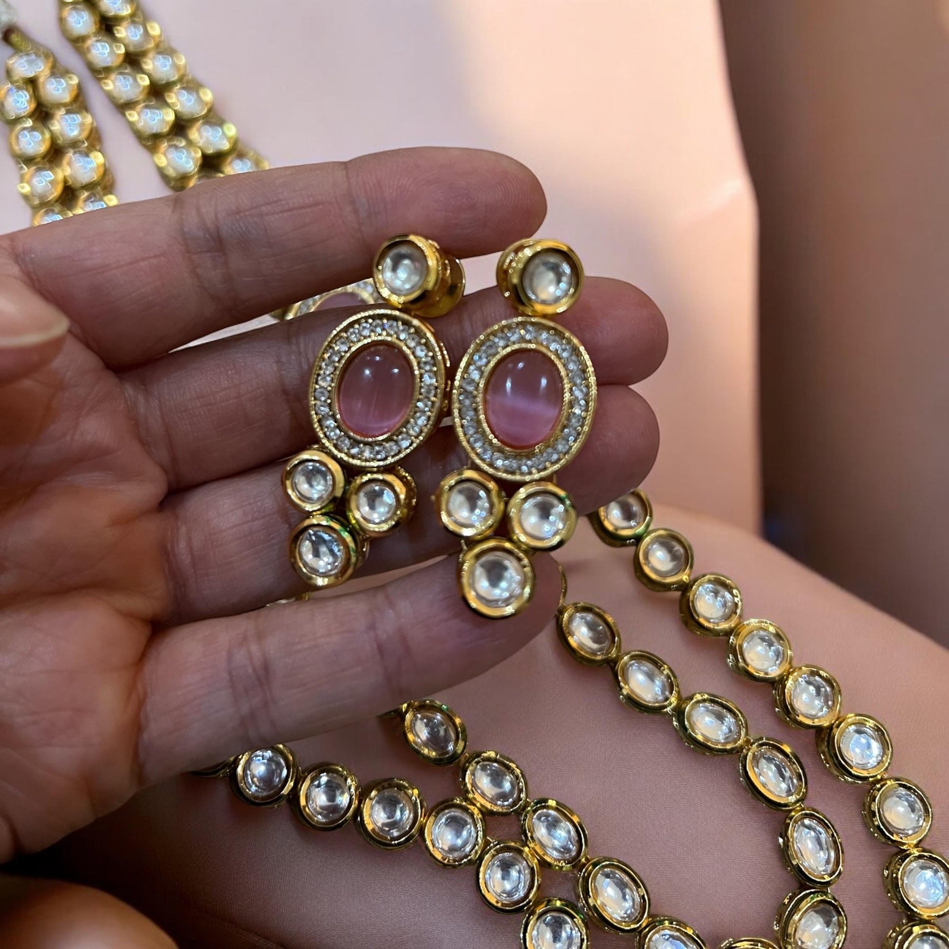 Long Pink Pearl & Gold Kundan Necklace Set with Tikka