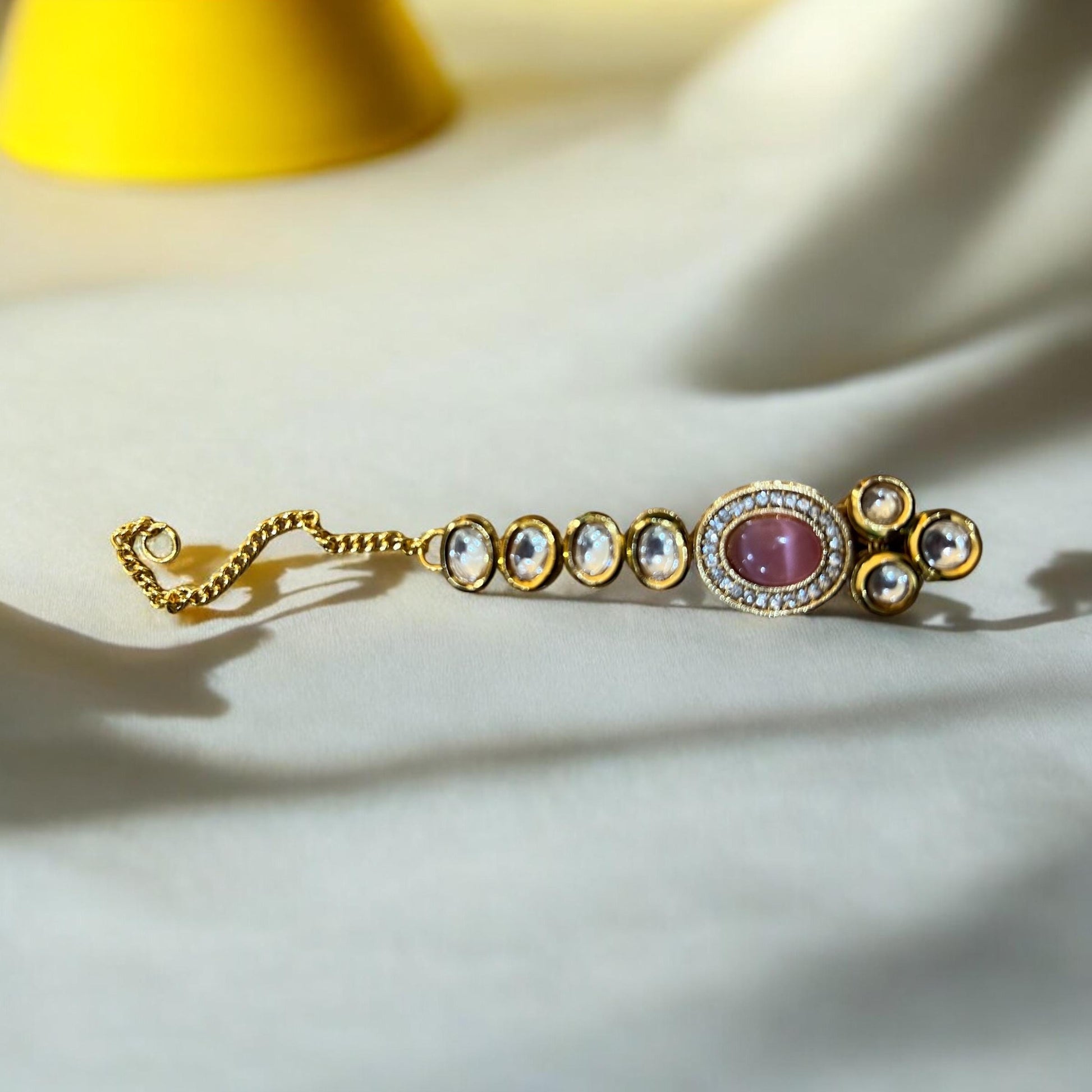 Long Pink Pearl & Gold Kundan Necklace Set with Tikka