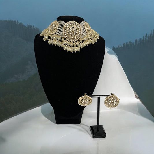 Cream and White Beaded Choker with Adjustable Size and Matching Stud Earrings, Indian jewellery
