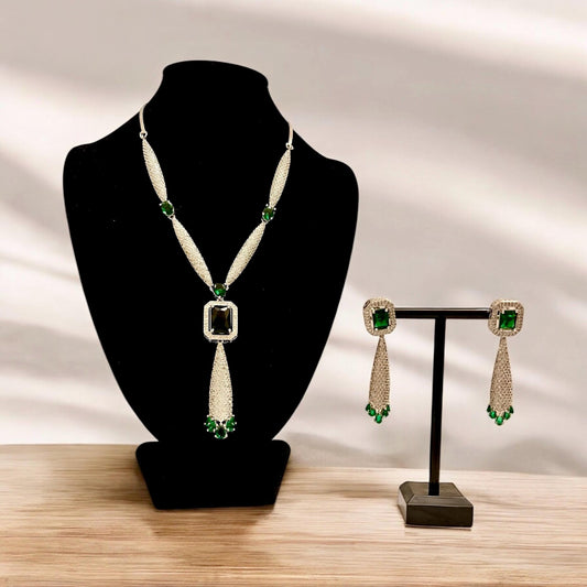 Green Stone & American Dianonds pendant Necklace with matching Earrings