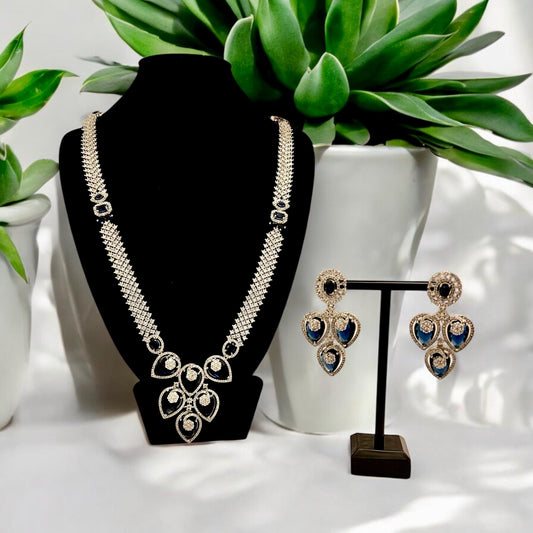 Dark Blue & Clear AD Long Necklace with Matching Drop Earrings - Asian Jewelry, Indian, Bridal
